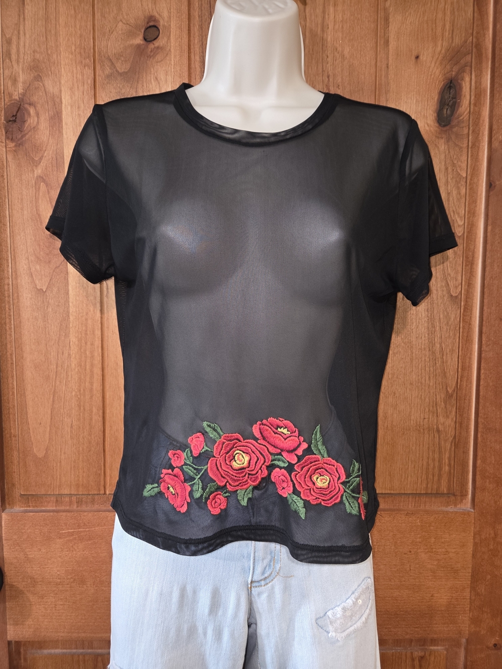 Black Sheer Short-Sleeve Top with Red Floral Embroidery